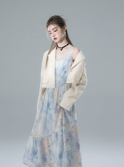 Watercolor Blue Flower Drape Print Suspender Dress COT0146