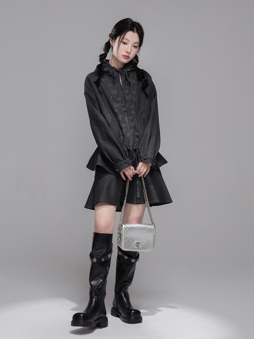 Gray Butterfly Spliced Hooded Jacket+Skirt COT0353