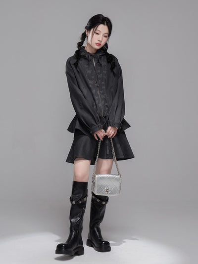 Gray Butterfly Spliced Hooded Jacket+Skirt COT0353