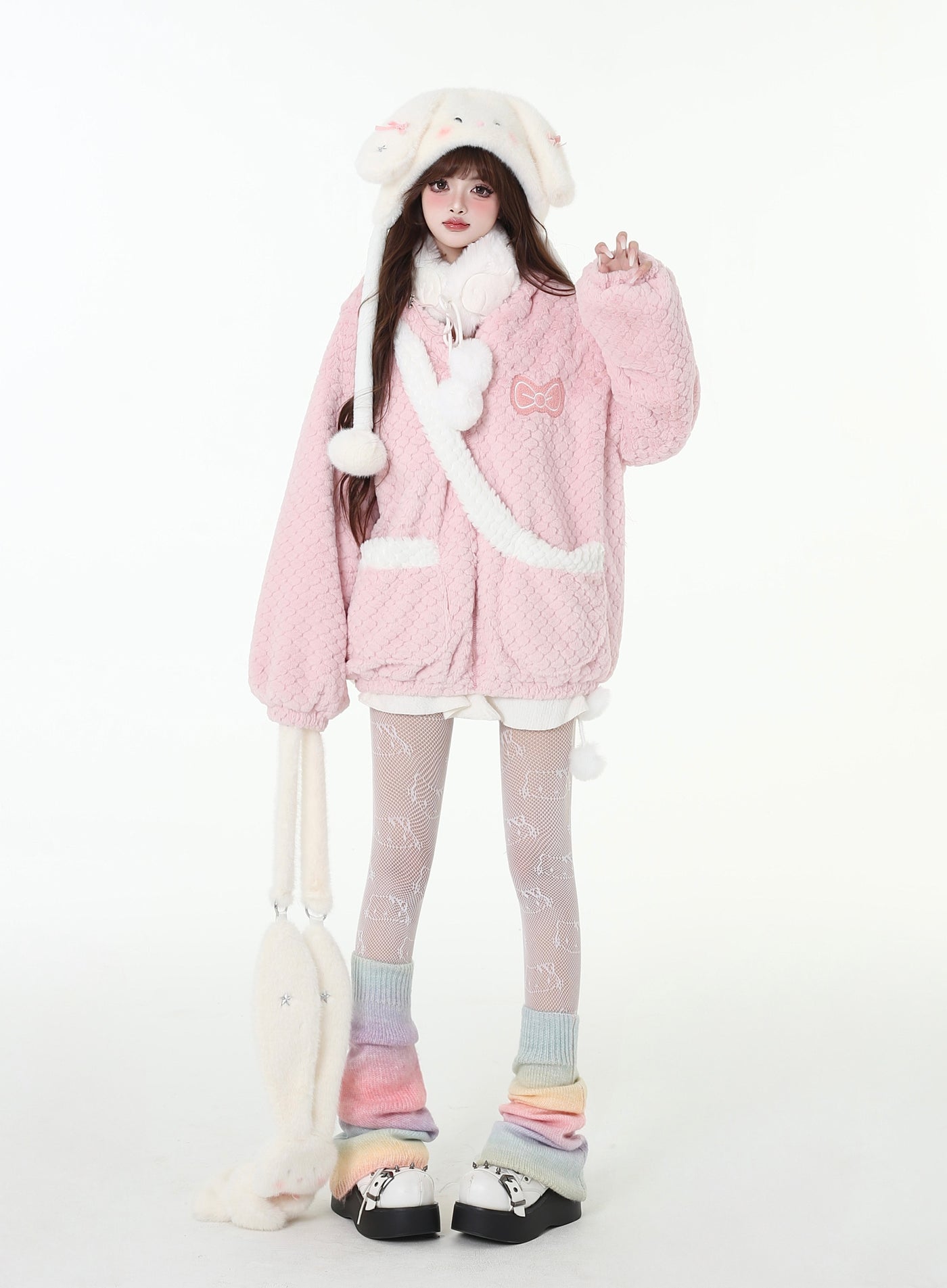 Poko Poko Fabric Pocket Loose Jacket with Rabbit Ears Hood CRA0098