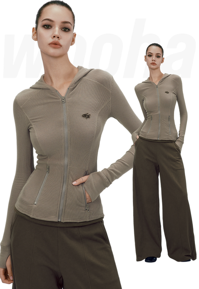 Slim Hoodie Top with Ribbed Knit Zip Design WOO0123