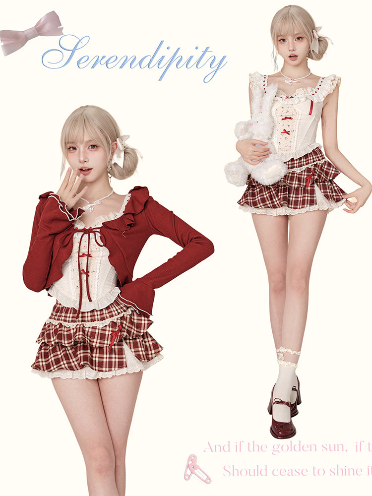 Flared Sleeve Ruffle Short Cardigan & Girly Ribbon Ruffle Top & Layered Ruffle Mini Plaid Skirt SER0037