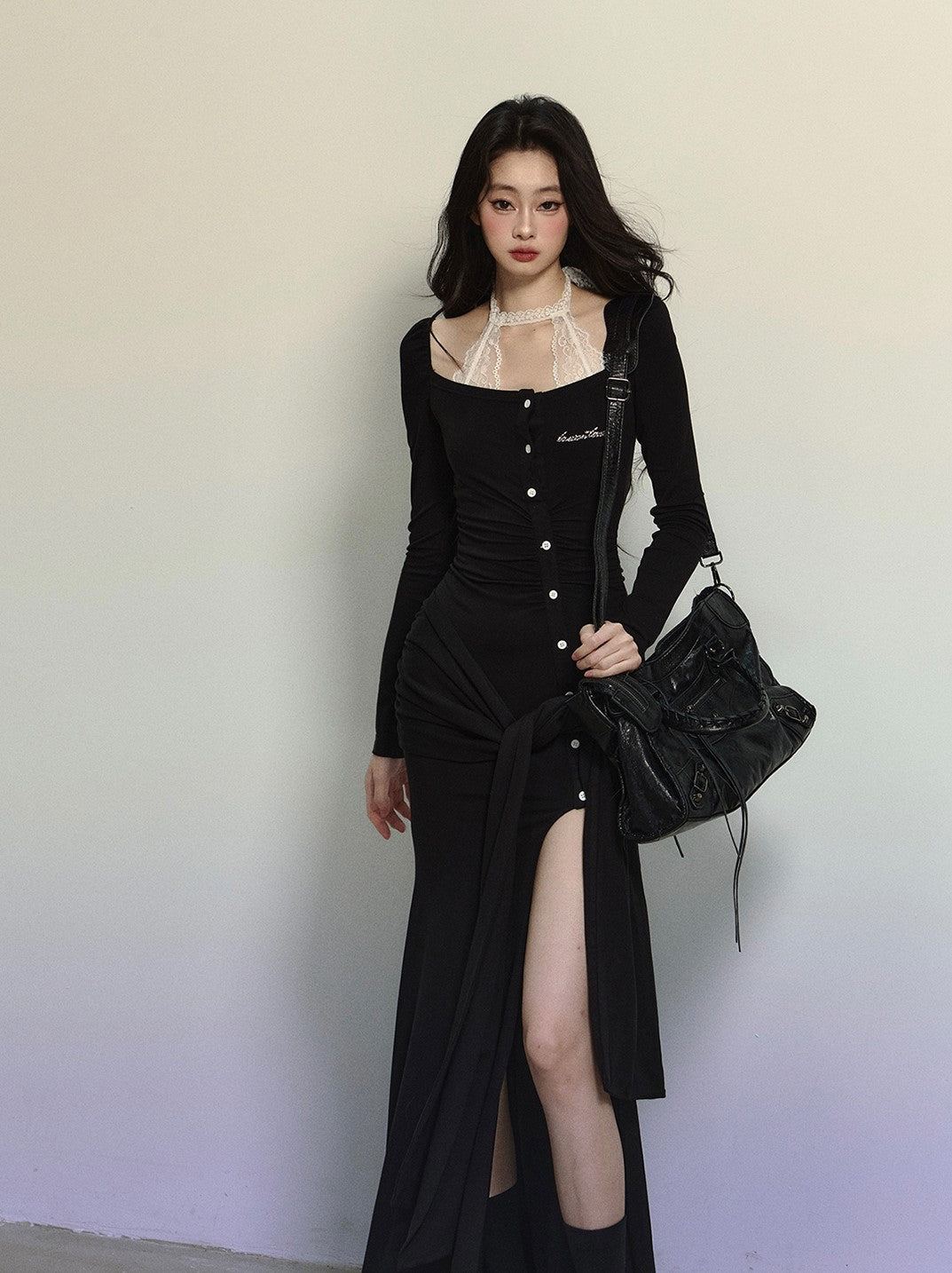 Fake Two-piece Knitted Slit Long Dress DIA0301