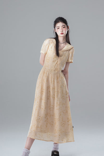 Fallen Leaves Apricot Yellow Atmosphere Short-sleeved Dress COT0133