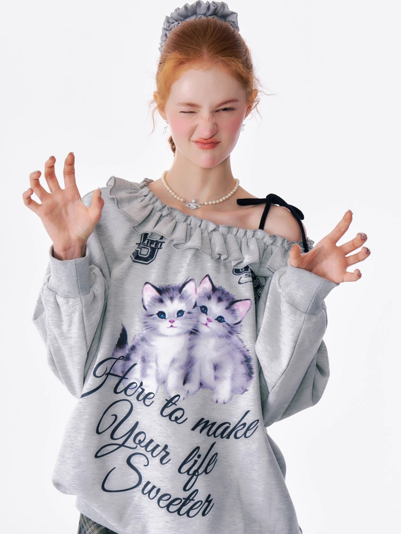 American Retro Oblique Shoulder Loose Lazy Style Cat Print Sweatshirt ZIZ0179