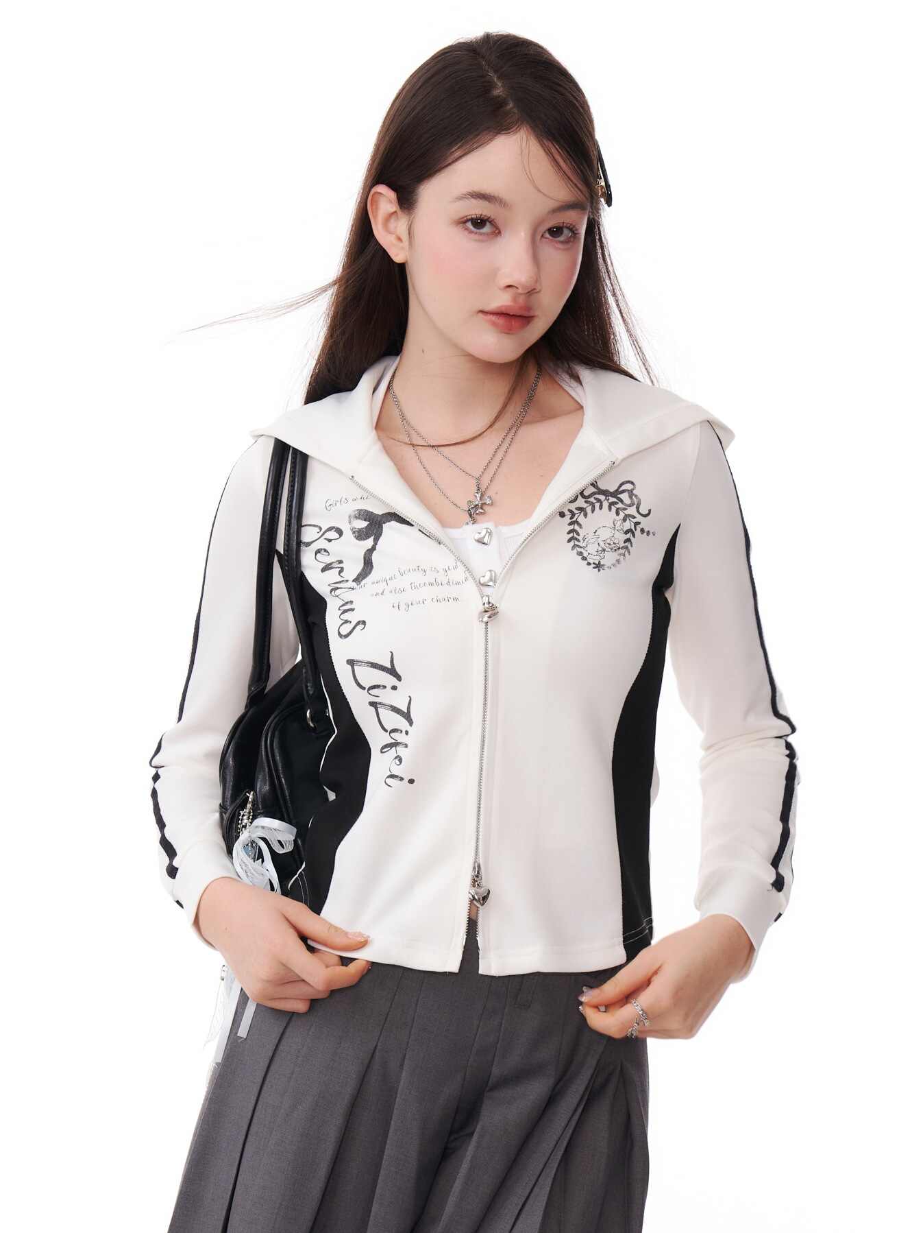 American Retro Print Double Zip Slim Hoodie Top ZIZ0167