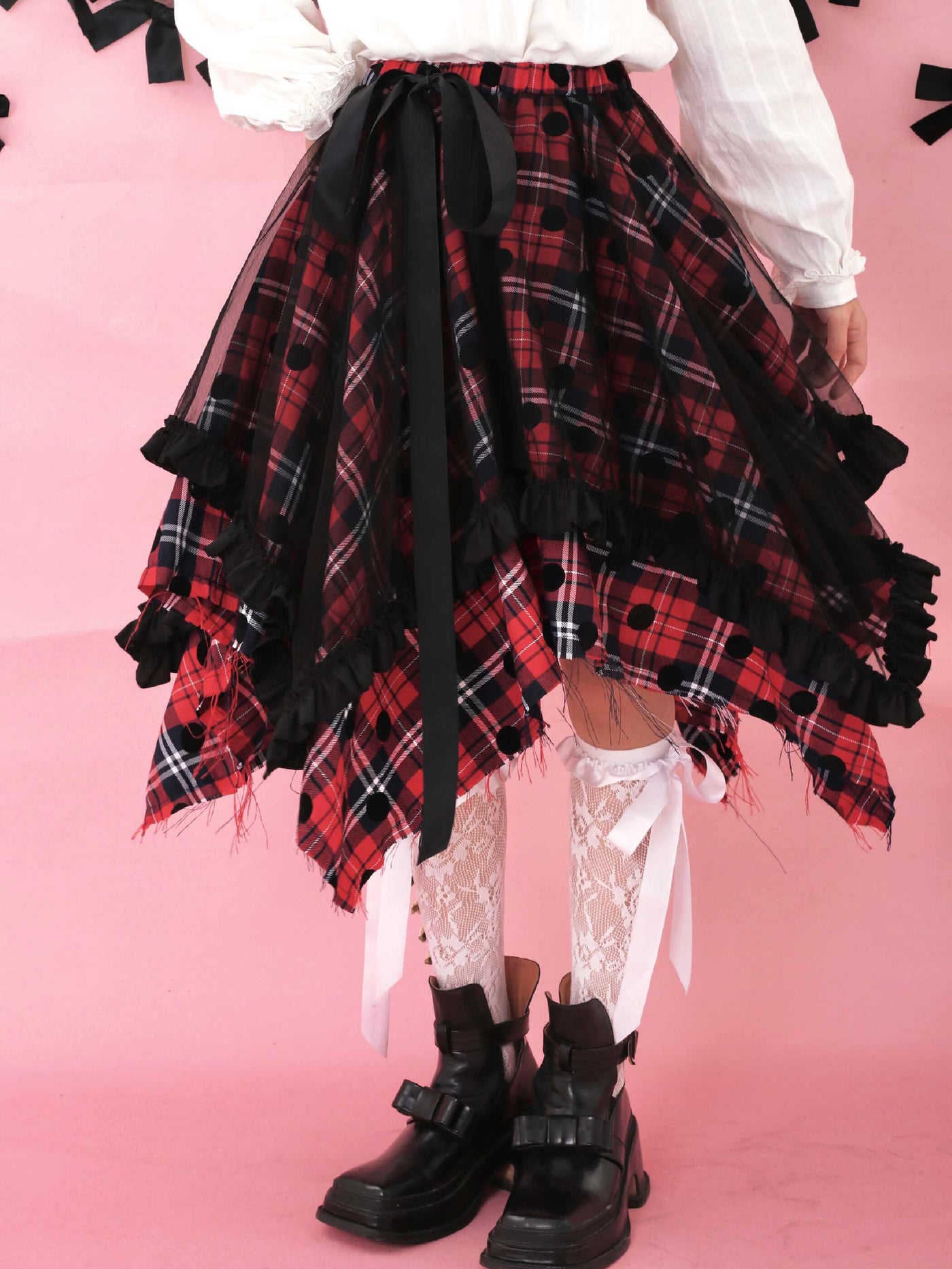 Tulle Layered Irregular Hem Check Skirt SHC0023