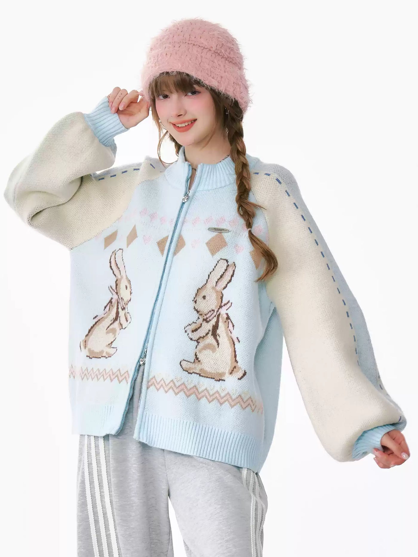 Retro Stitching Rabbit Sweater Cardigan ZIZ0213