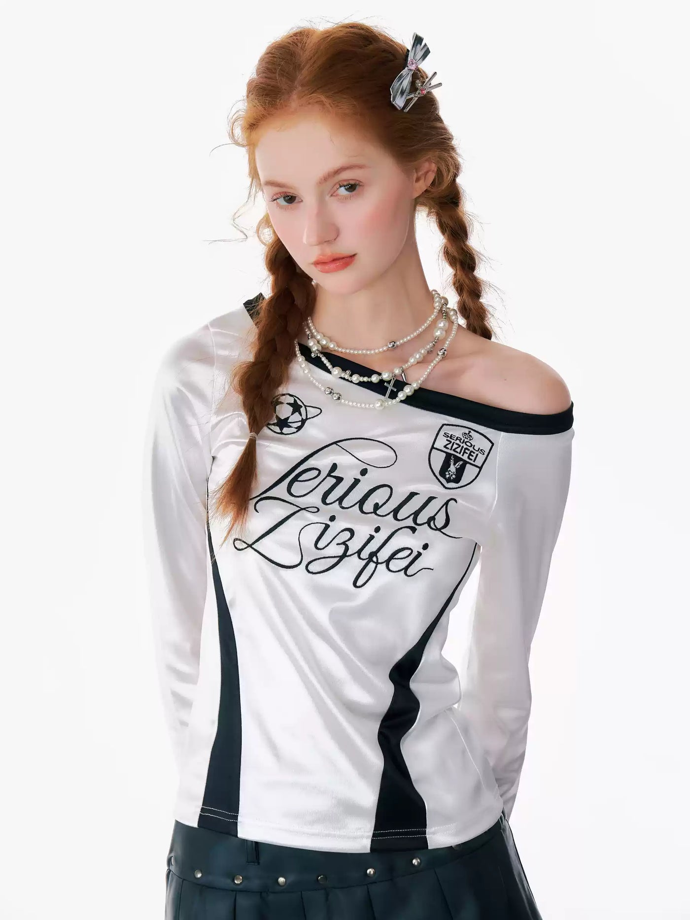 American Retro Sporty Design One-Shoulder Jersey Style Long-Sleeved Top ZIZ0154