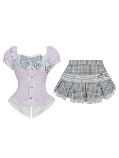 small suit top & gray plaid skirt SER0081