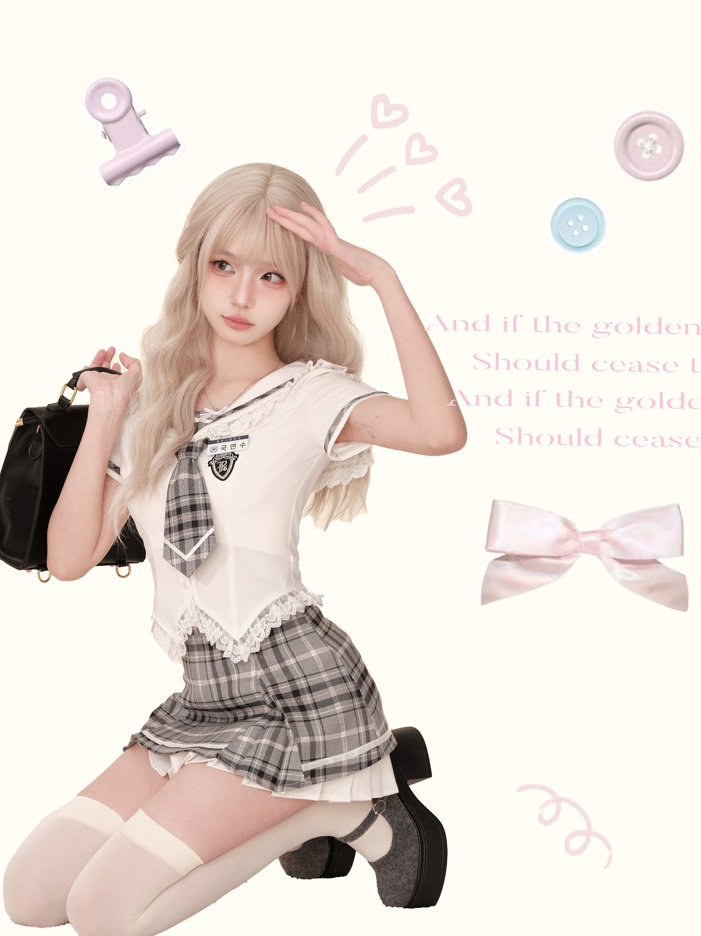 College Style Lace Sailor Top & Check Pleated Layered Skirt SER0039