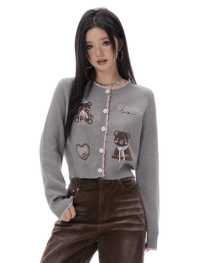 Bear Jacquard Pink Lace Knitted Cardigan IMO0058