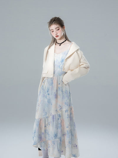 Watercolor Blue Flower Drape Print Suspender Dress COT0146