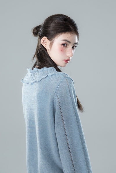 Salty Morning Mist Blue Crochet Mohair Cardigan COT0153