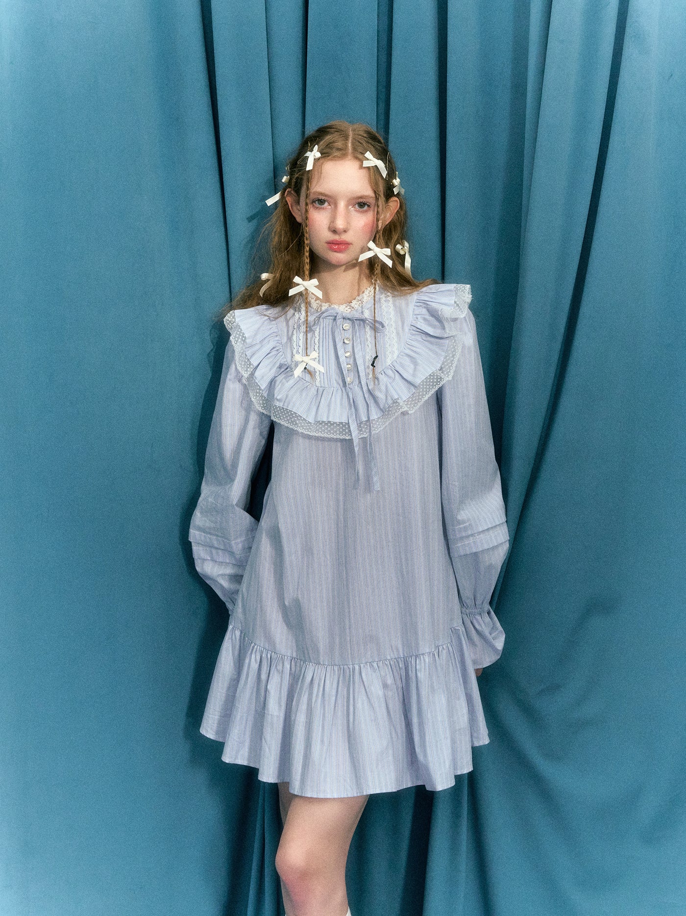 Blue Vertical Stripes Bow Ruffled Stand Collar Lace Long Sleeve Dress NAR0045