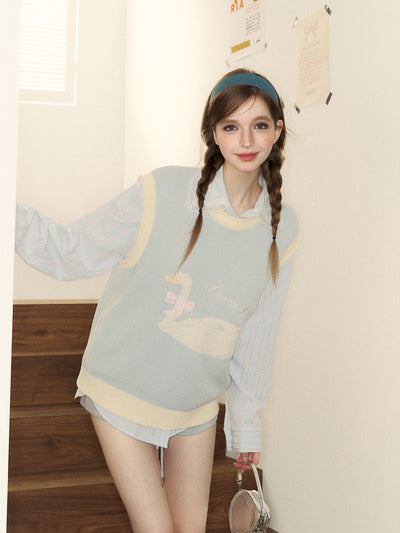 White Swan Pattern Bicolor Knit Loose Vest SPE0054