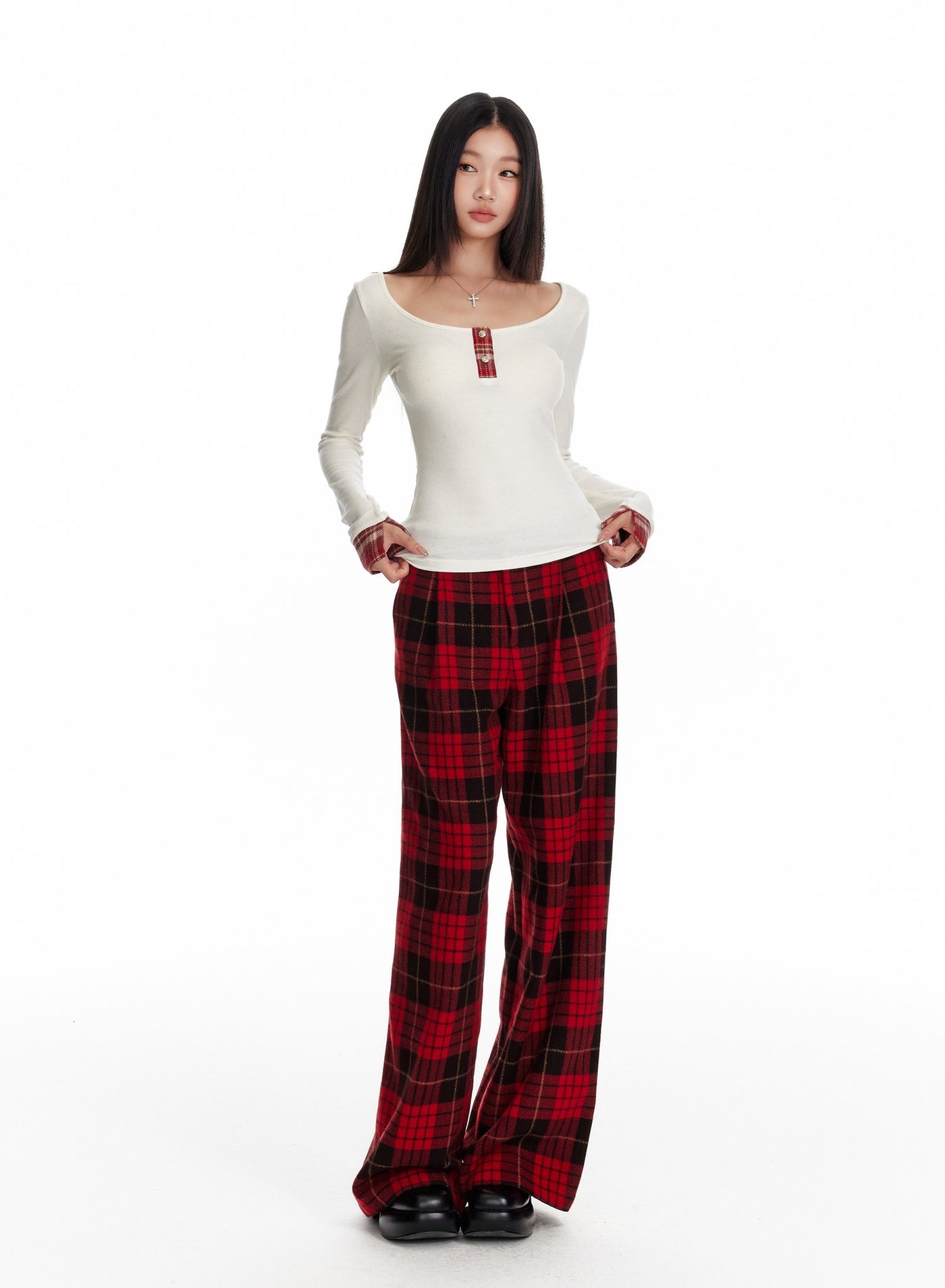 Plaid Patchwork Long-sleeved T-shirt 4MU0088