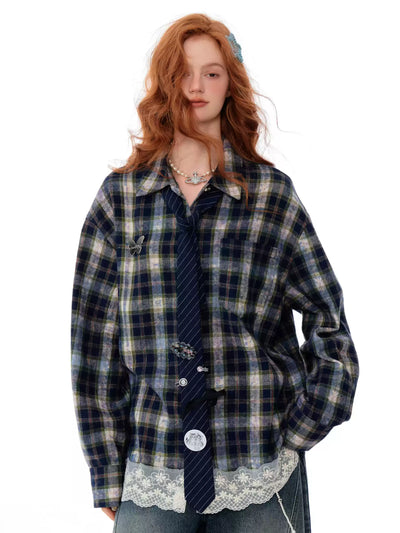 Lace Stitching Plaid Loose Shirt ZIZ0214