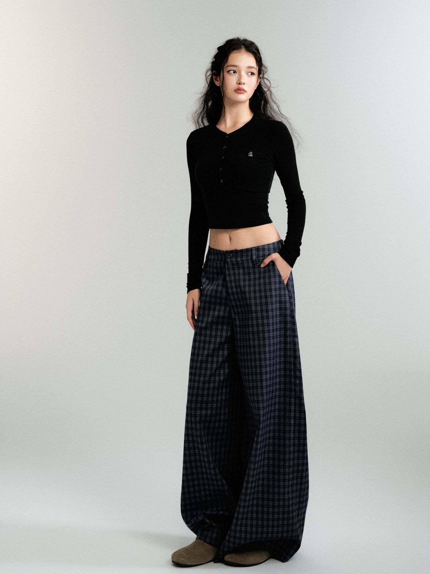 Checked wide-leg casual straight pants LUL0090