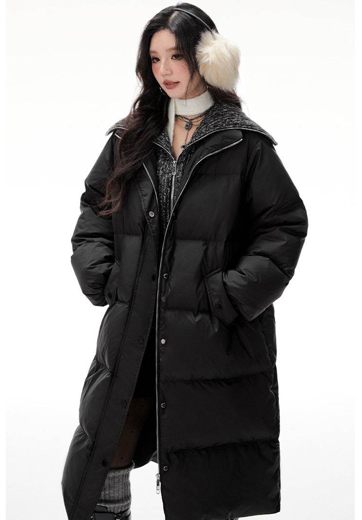 Retro Fake Two-piece Knitted Stand-up Collar Long Down Coat IMO0083