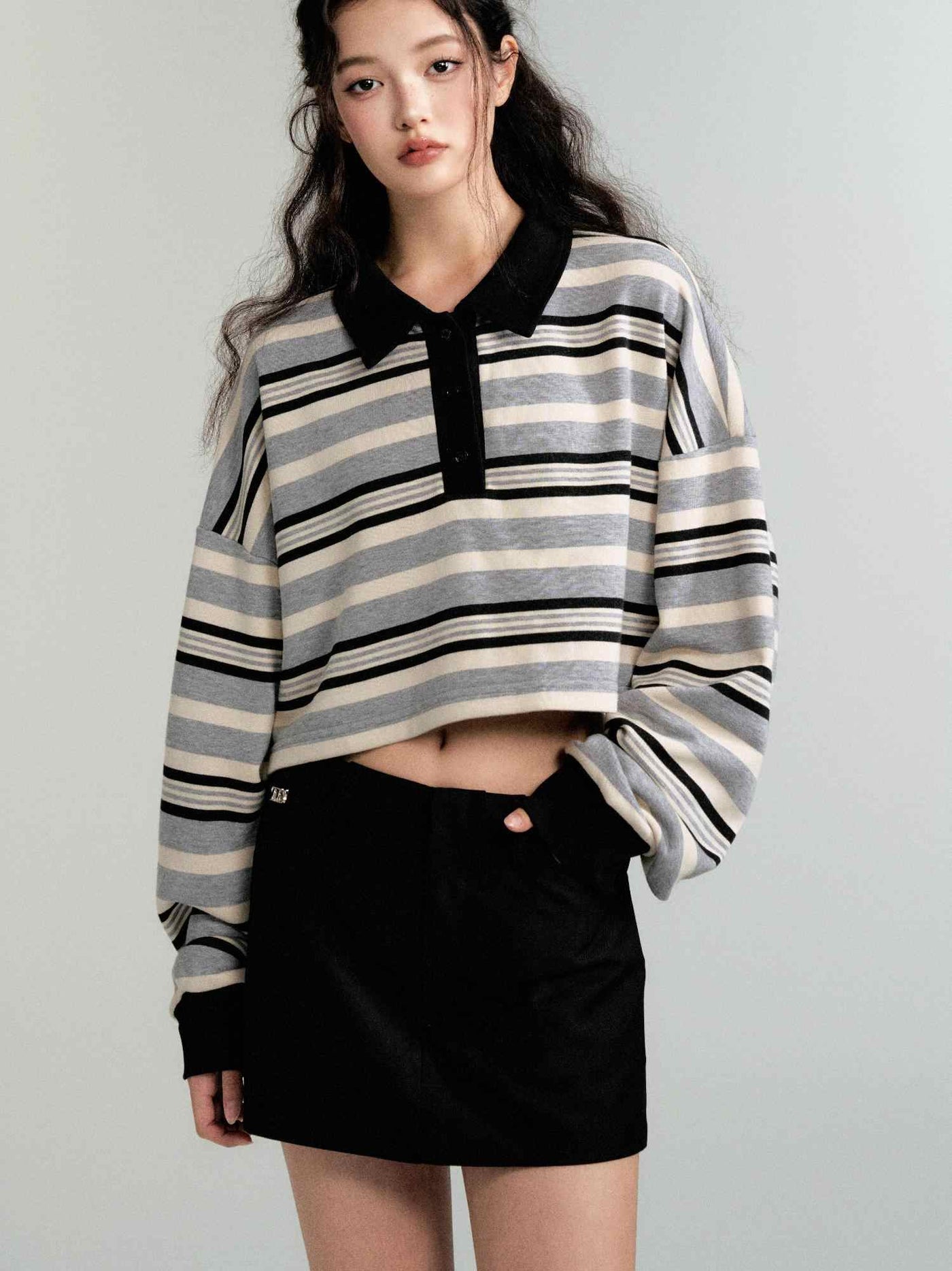 Contrast color striped long sleeve polo top LUL0085