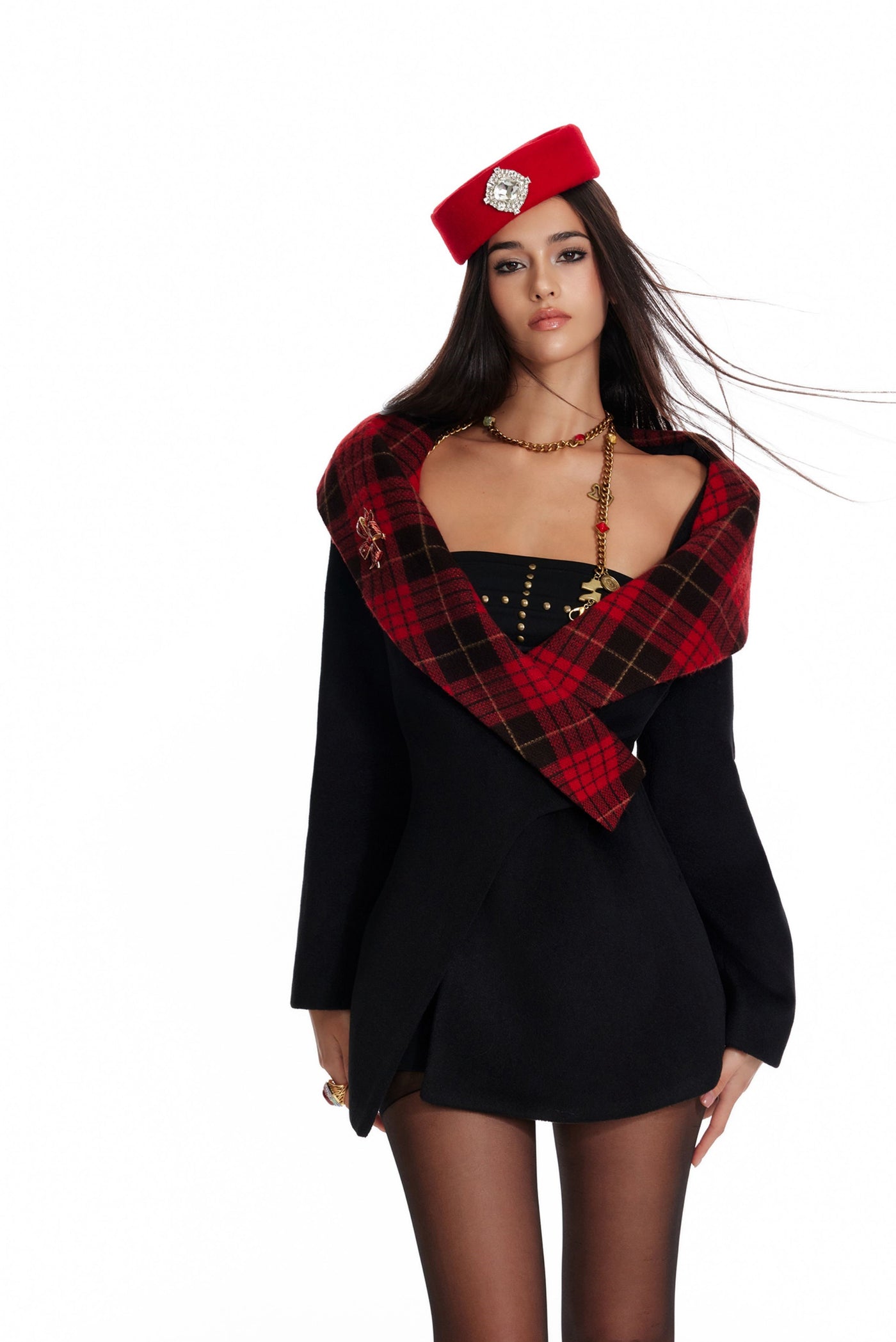 Plaid Hooded Mid-length Jacket 4MU0089