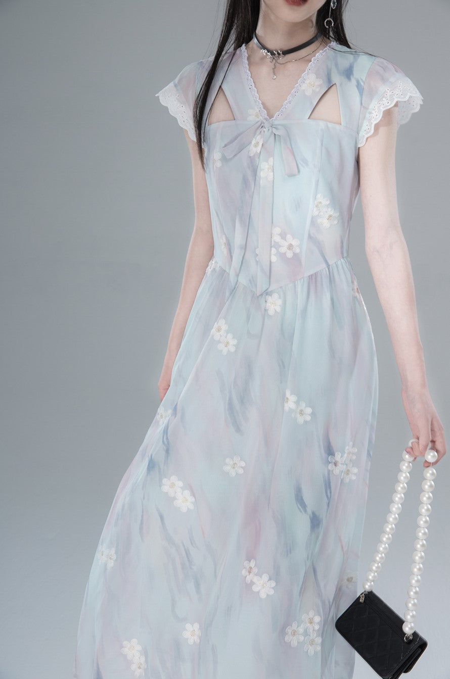 Blue Clear Hollow Romantic Embroidery Dress COT0140