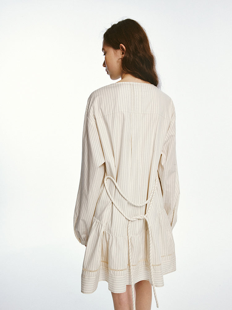 Waist Strap Long Sleeve Striped Cotton Dress FUS0024
