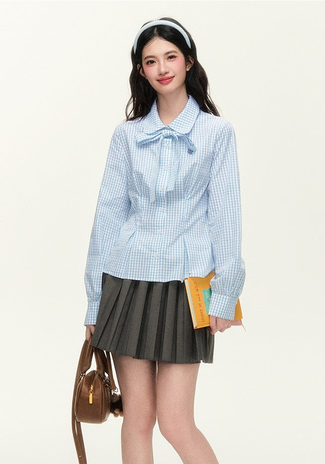 College Style Embroidered Check Tie Shirt/Gray Skirt NTO0127