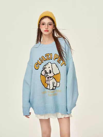 Cute Dog Blue Thick Loose Knitted Sweater GIF0068