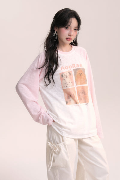 Dog Print Design Raglan Sleeve Long T-Shirt AOO0037