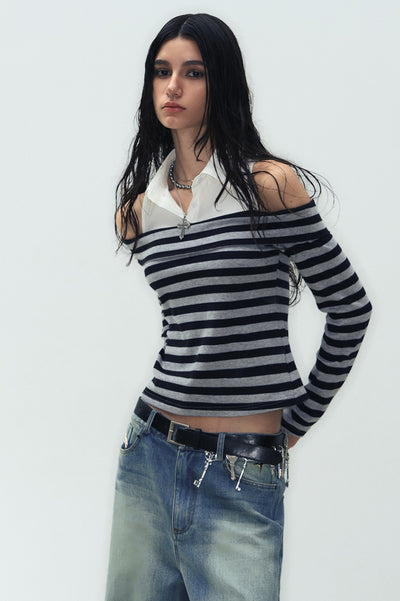 Slim Fit Fake Two-piece One-shoulder Striped Shirt WES0195