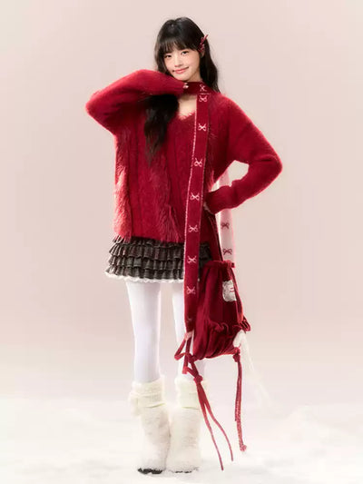 Red Bow Design V-Neck Cable Knit NTO0166