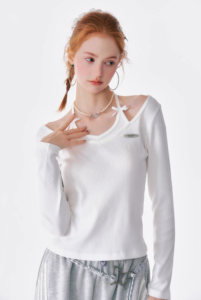 Bow Halter Neck Long Sleeve Knitted T-shirt ZIZ0178