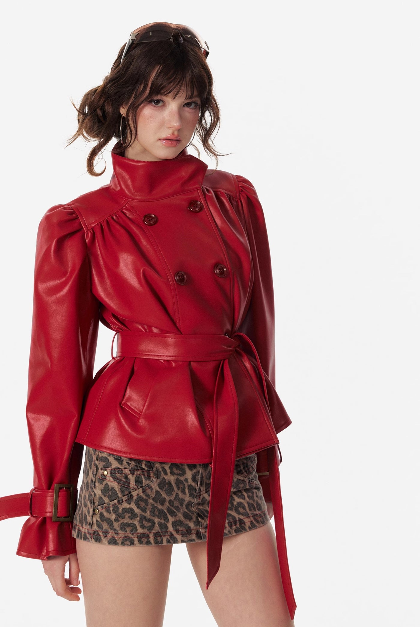 Pleated Stand Collar Red Leather Jacket 4MU0092