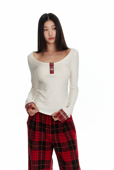 Plaid Patchwork Long-sleeved T-shirt 4MU0088