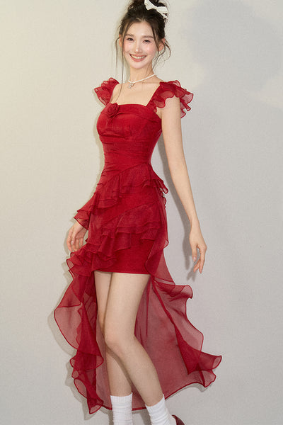 Square Neck Ruffle Design Red Dress UND0063