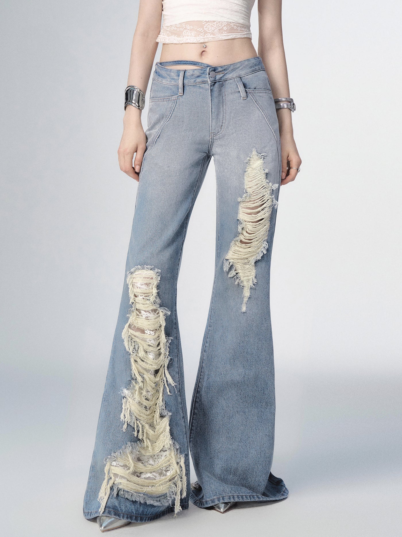 Gradient Blue Flared Damaged Denim Pants OFA0153