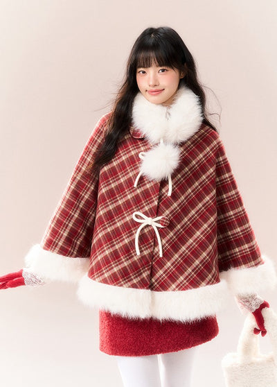 Red Checkered Bow Fur Collar Coat NTO0163