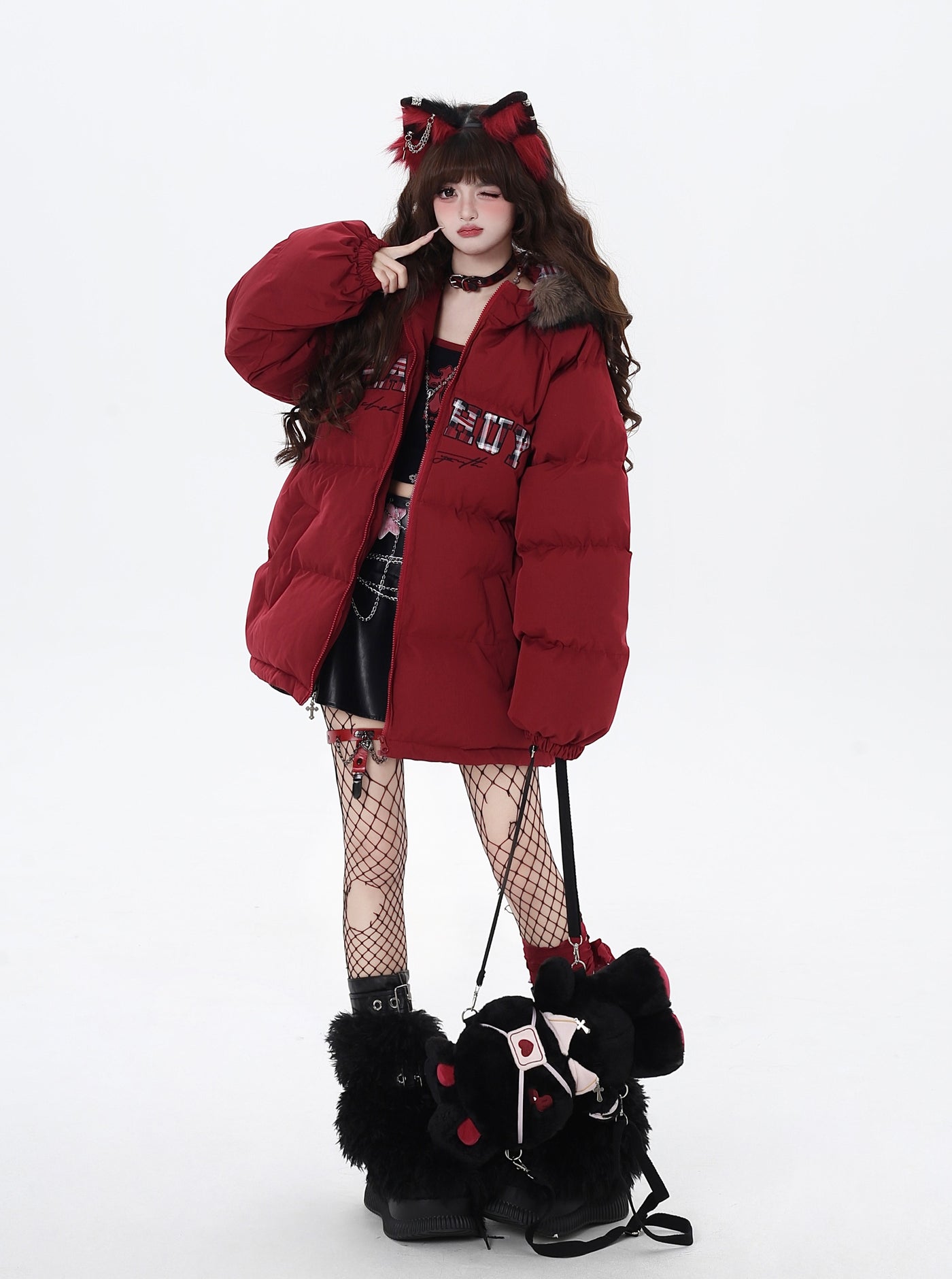 Letter Print Fur Hooded Loose Down Jacket CRA0085