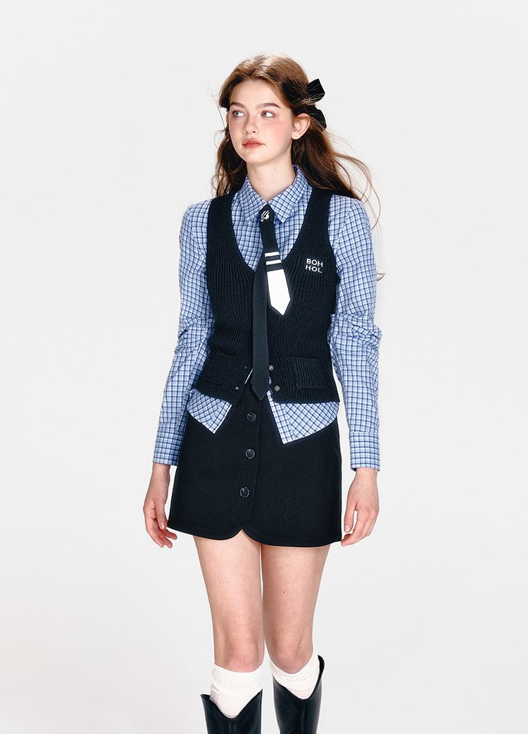 Blue Plaid Waist Shirt/Decorative Button Skirt/Vest BOH0060