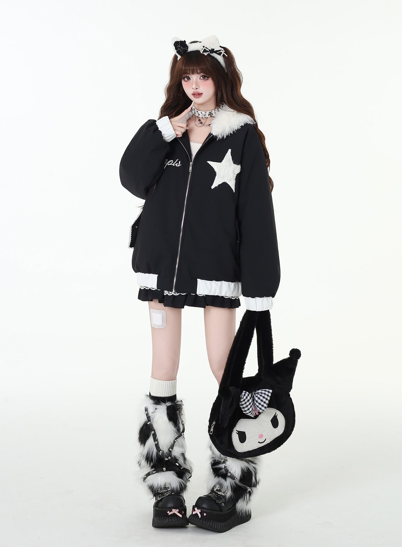 Star Design Loose Zip Monotone Jacket with Rabbit Ears Hood CRA0097