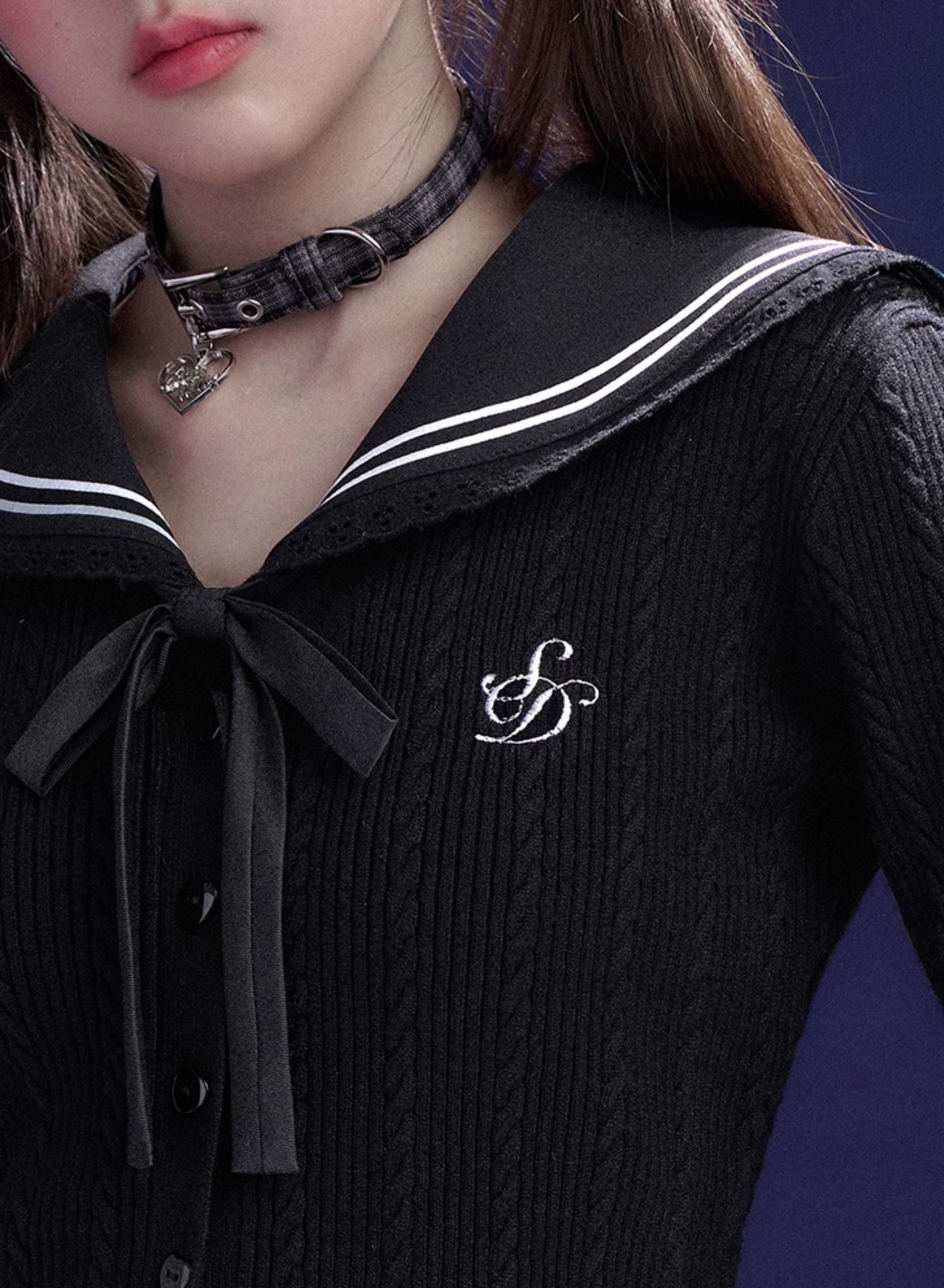 Black Sailor Collar Cable Knit Cardigan SAG0213