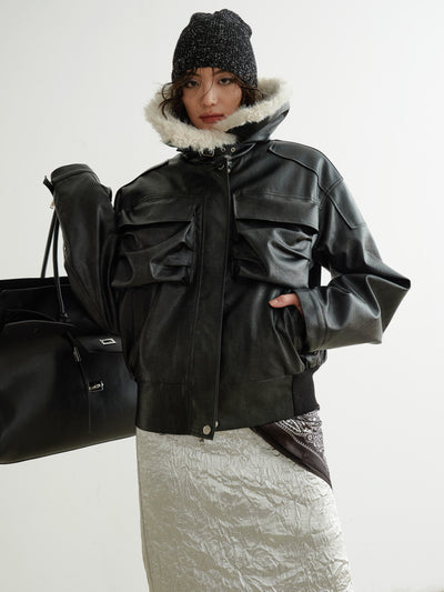 Fur Collar Imitation Leather Jacket JNY0203