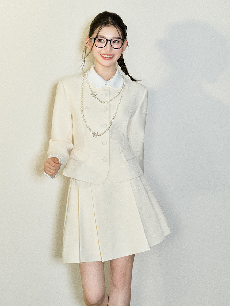 College Style Doll Collar Button Jacket & A-Line Pleated Skirt UND0094