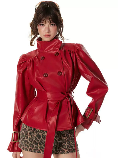 Pleated Stand Collar Red Leather Jacket 4MU0092