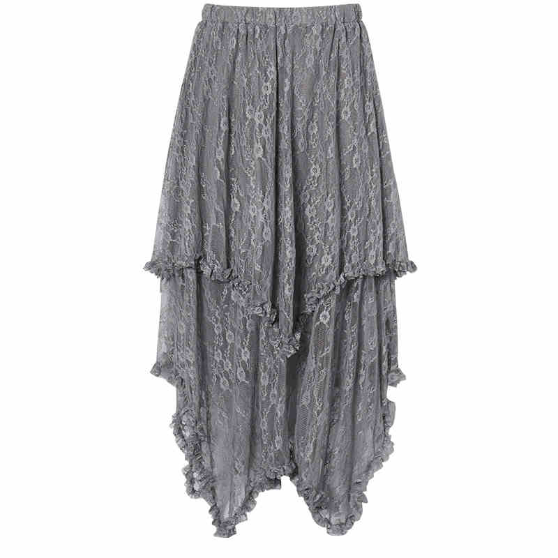 Retro Print Loose Shoulder Long Sleeved Top & Irregular Hem Lace Sheer Skirt LAC0234