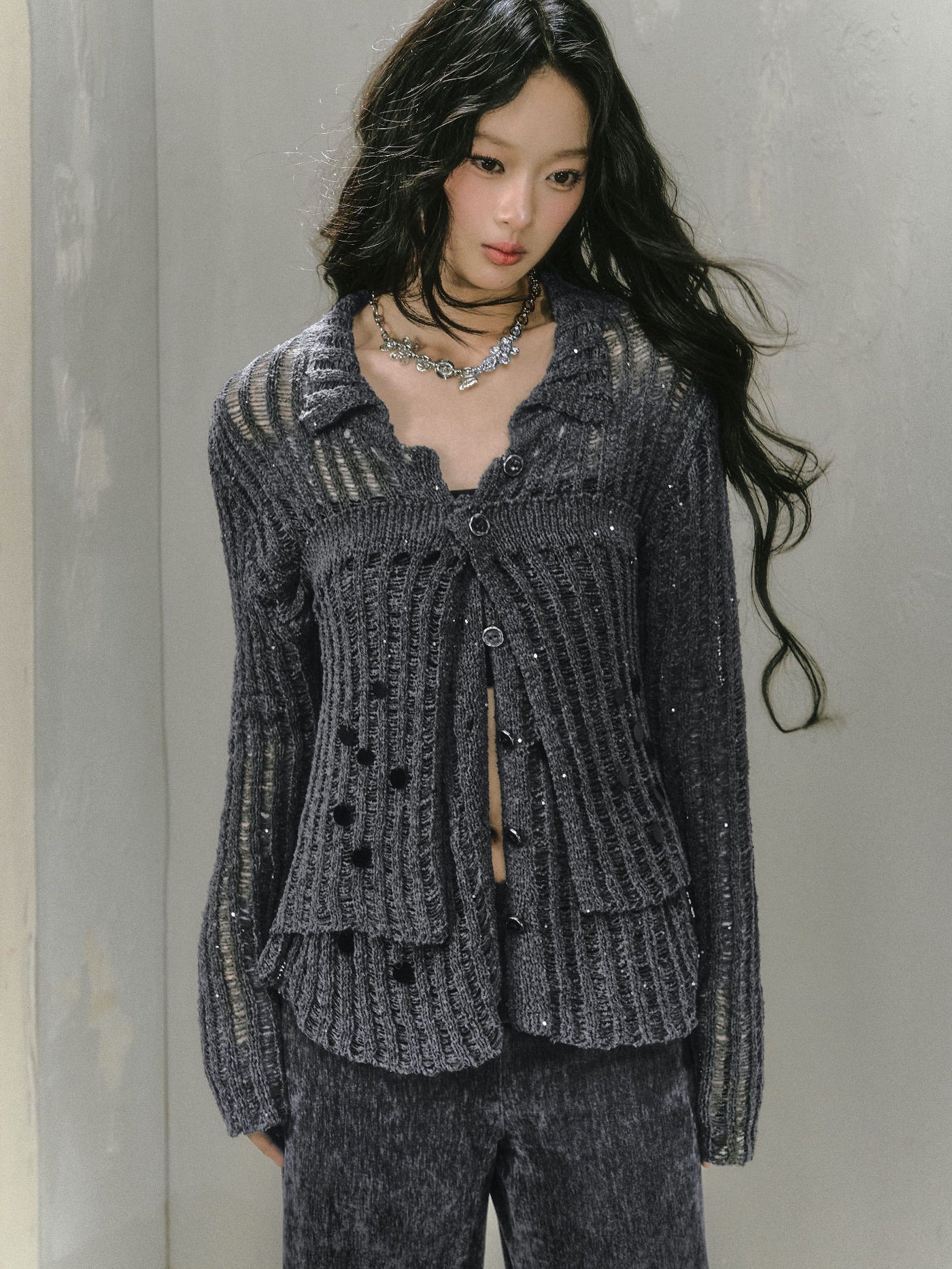 Lazy Style Hollow Two-piece Design Knitted Cardigan SAL0077