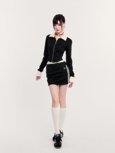 Black Glitter Sweatshirt Jacket/Slim Short A-Line Skirt VOC0243