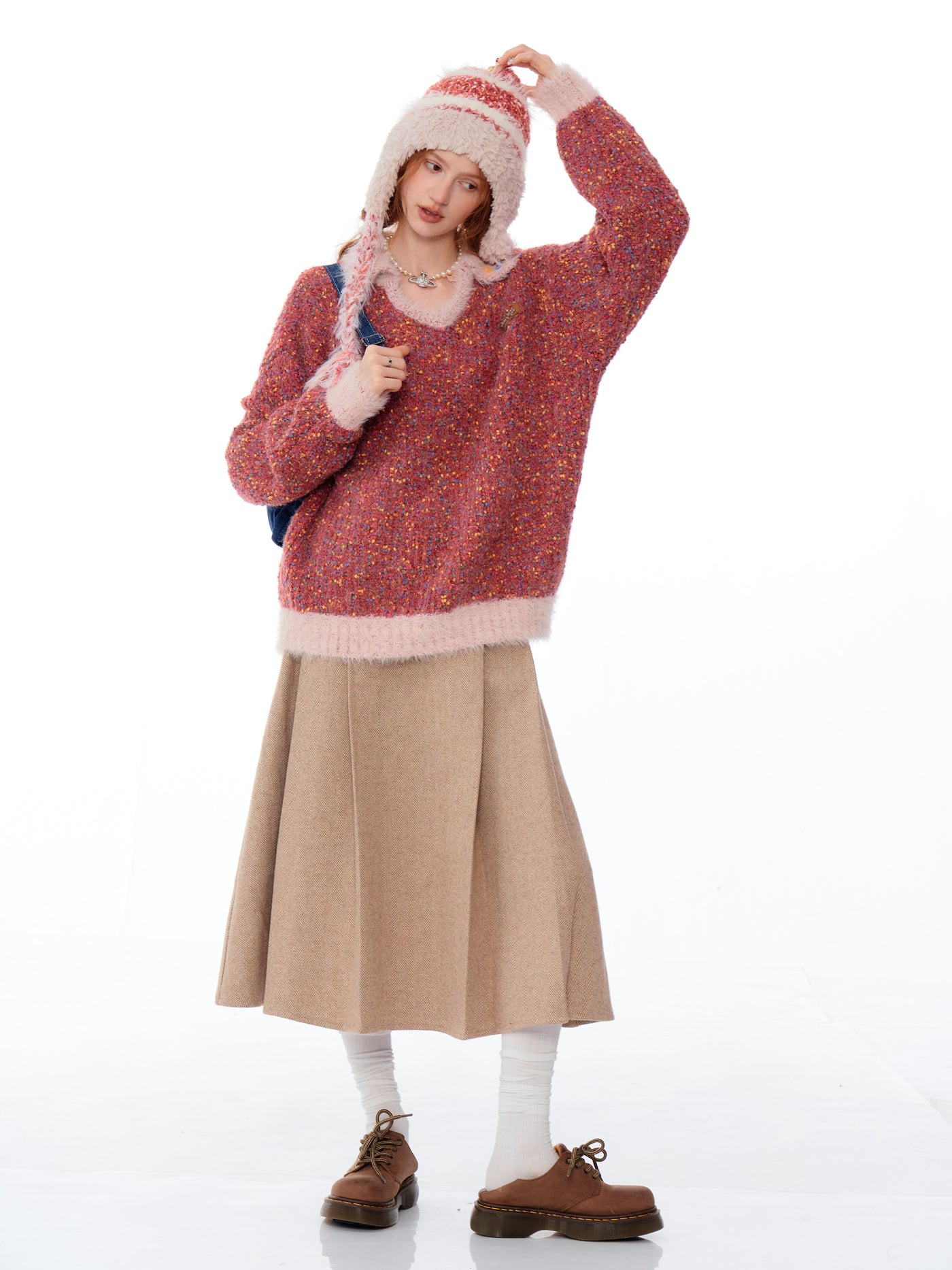 Christmas Mixed Color Wool Mix Polo V-Neck Knit Top ZIZ0203